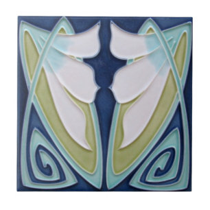 Azulejo - Fondo Azul Art Nouveau Flores Blancas