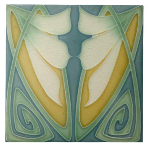 Azulejo - Fondo Azul Art Nouveau Flores Marfil