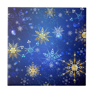 Azulejo Fondo azul de NAVIDAD con copos de nieve dorados