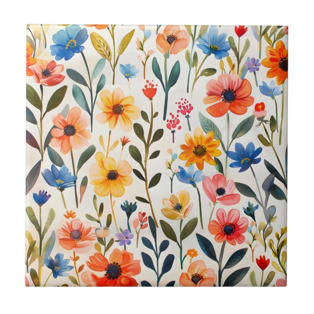 Azulejo Fondo de flores silvestres de acuarela de primaver (Frente)