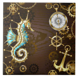 Azulejo Fondo de madera con caballito de mar mecánico