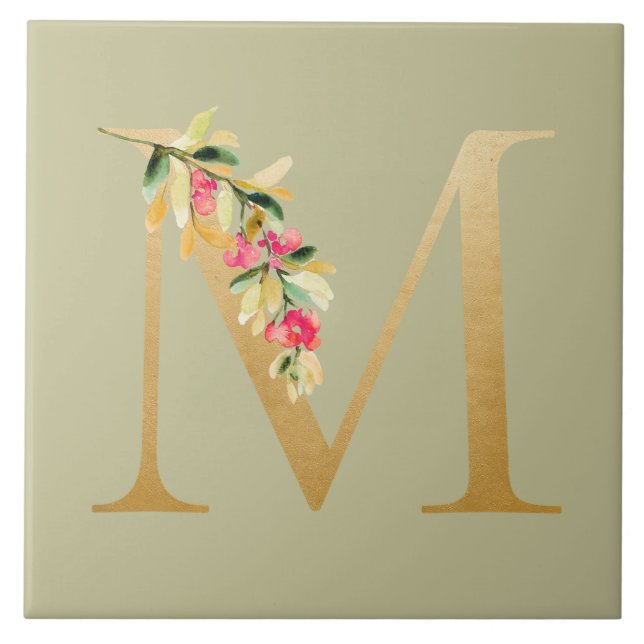 Azulejo Fondo de oliva antiguo falso dorado M floral (Frente)