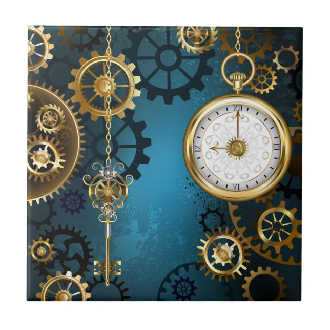 Azulejo Fondo de turquesa steampunk con engranajes (Frente)