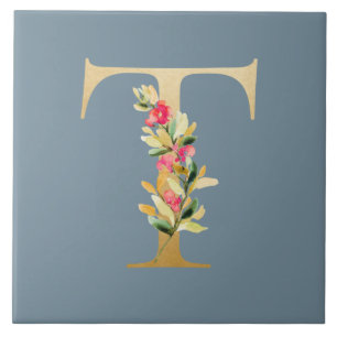 Azulejo Fondo gris lluvioso falso dorado T floral