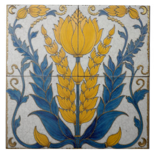 Azulejo Forma floral amarilla con hojas azules