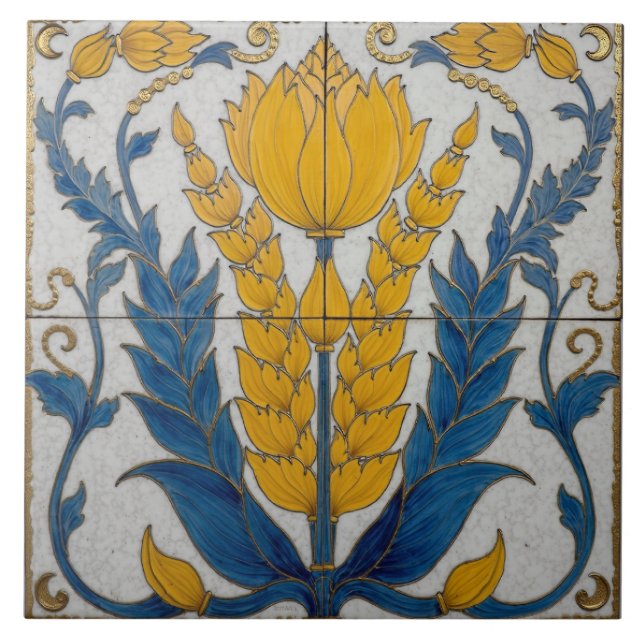 Azulejo Forma floral amarilla con hojas azules (Frente)