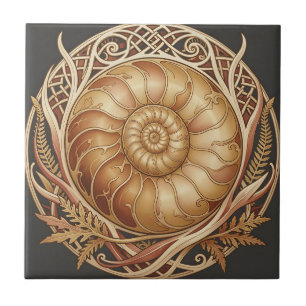Azulejo Fósil de ammonite dorado con marco celta y patrón 