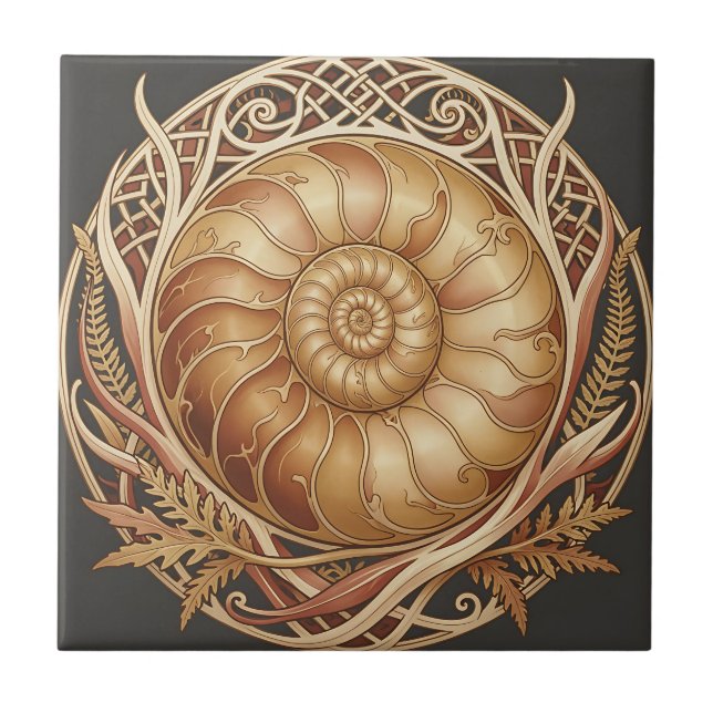 Azulejo Fósil de ammonite dorado con marco celta y patrón  (Frente)
