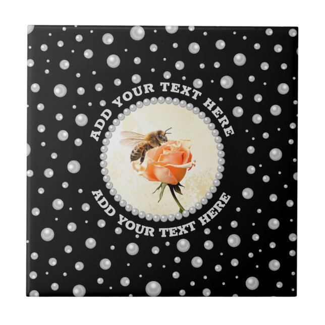 Azulejo Foto personalizada con círculo de perlas sobre neg (Frente)