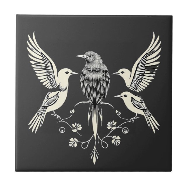 Azulejo Four Birds on a Branch Illustration (Frente)