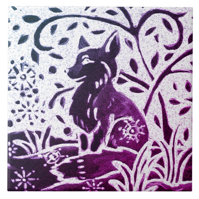 Azulejo Fox Batik Modern Blue Purple Snow Winter Woodland (Frente)