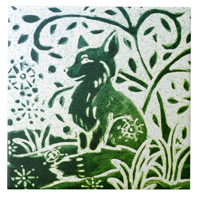 Azulejo Fox Batik Modern Green Blue Verde azulado Woodland (Frente)