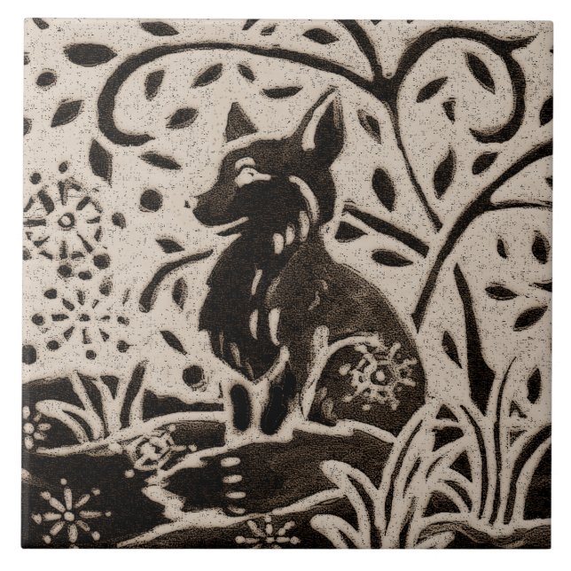 Azulejo Fox Batik Stoneware Woodland Animal Tan Gray Brown (Frente)