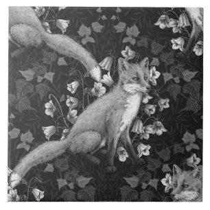 Azulejo Fox, bellflores y hiedra, monocromo, pared platead