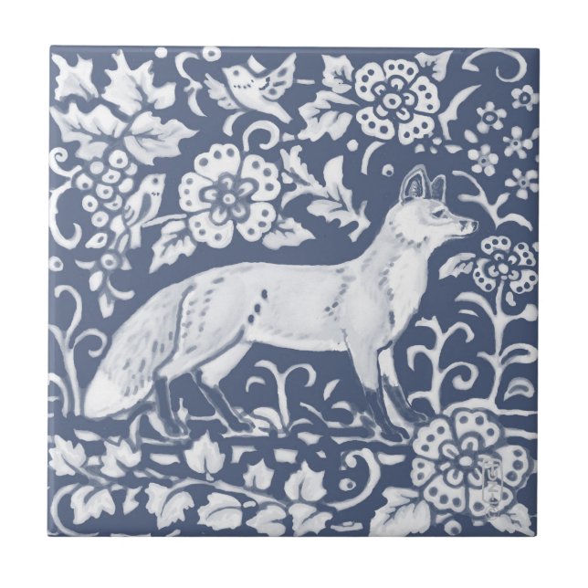 Azulejo Fox Blue White Woodland Bird Lees Denim (Frente)