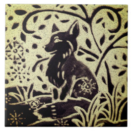 Azulejo Fox Snow Grey Green Stoneware Winter Woodland Art