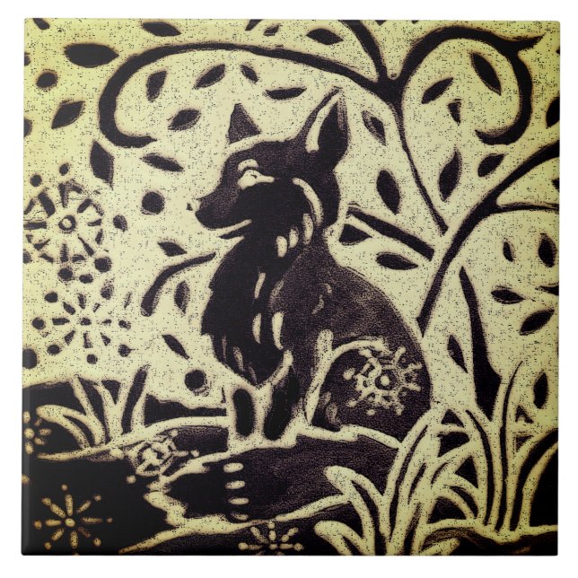 Azulejo Fox Snow Grey Green Stoneware Winter Woodland Art (Frente)