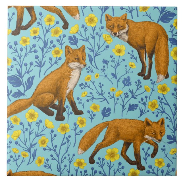 Azulejo Foxes y mariposas en azul de la piscina (Frente)