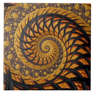 Azulejo Fractal en espiral abstracto negro y dorado