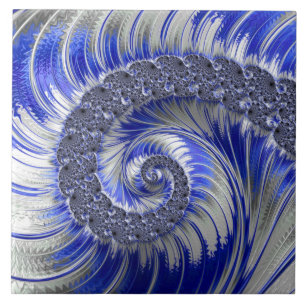 Azulejo Fractal en Espiral Azul y Blanco Abstracto