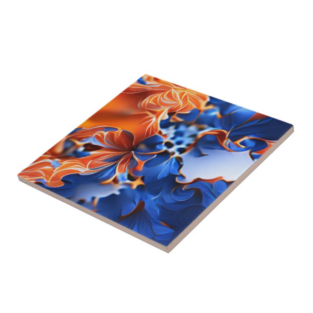 Azulejo Fractal floral azul y naranja (Lado)