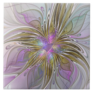 Azulejo Fractal floral colorido con rosado y oro