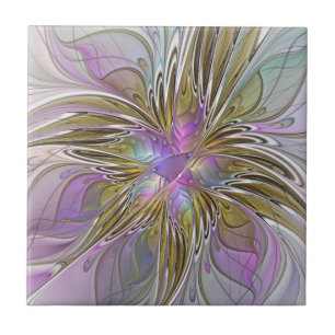 Azulejo Fractal floral colorido con rosado y oro