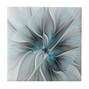 Azulejo Fractal floral moderno abstracto flor azul gris