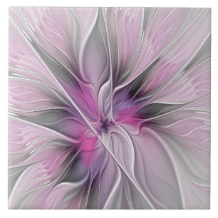 Azulejo Fractal Floral Moderno Abstracto Flor Rosa Gris