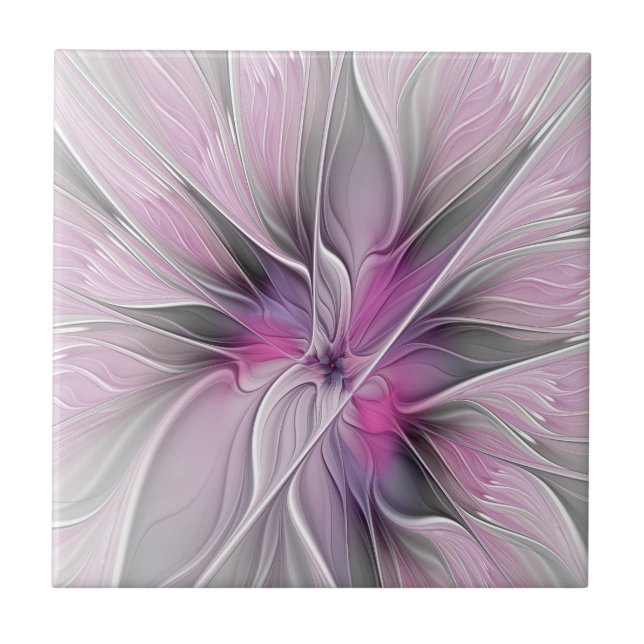 Azulejo Fractal floral moderno abstracto flor rosa gris (Frente)