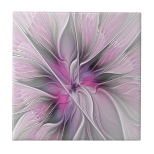 Azulejo Fractal floral moderno abstracto flor rosa gris