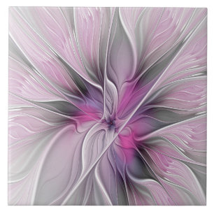 Azulejo Fractal Floral Moderno Abstracto Flor Rosa Gris