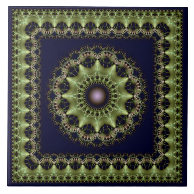 Azulejo Fractal verde brillante mandala enmarcada (Frente)