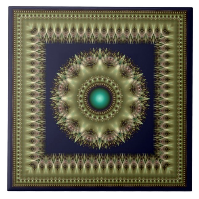 Azulejo Fractal verde brillante mandala enmarcada (Frente)