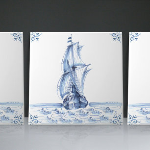 Azulejo Fragata Goleta de Vela al Estilo Holandés Delft Bl
