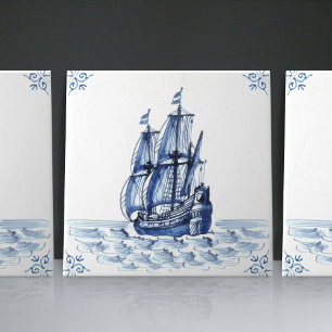 Azulejo Fragata Goleta de Vela al Estilo Holandés Delft Bl