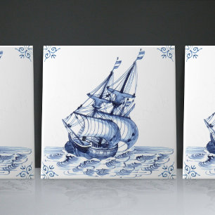 Azulejo Fragata Goleta de Vela al Estilo Holandés Delft Bl