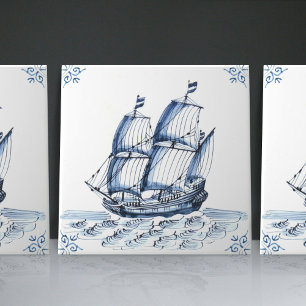 Azulejo Fragata Goleta de Vela al Estilo Holandés Delft Bl