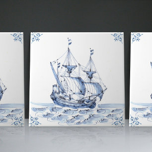 Azulejo Fragata Goleta de Vela al Estilo Holandés Delft Bl