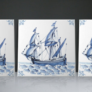 Azulejo Fragata Goleta de Vela al Estilo Holandés Delft Bl