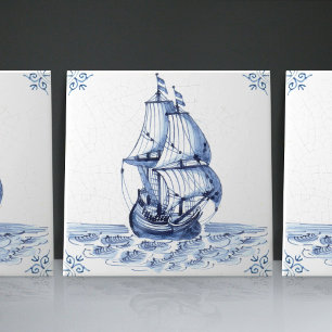 Azulejo Fragata Goleta de Vela al Estilo Holandés Delft Bl