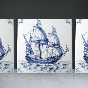 Azulejo Fragata Goleta de Vela de Estilo Holandés Azul Del