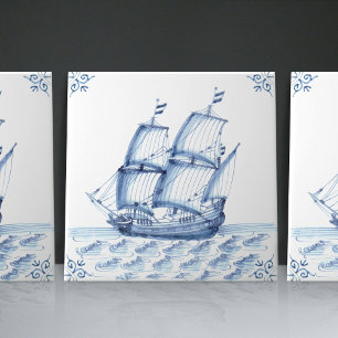 Azulejo Fragata Goleta de Vela de Estilo Holandés Azul Del
