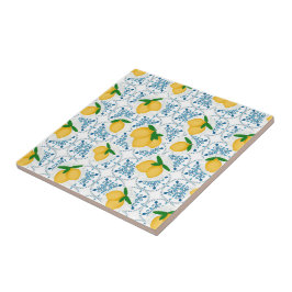 Azulejo French Country Lemon Blue Floral Tile Pattern