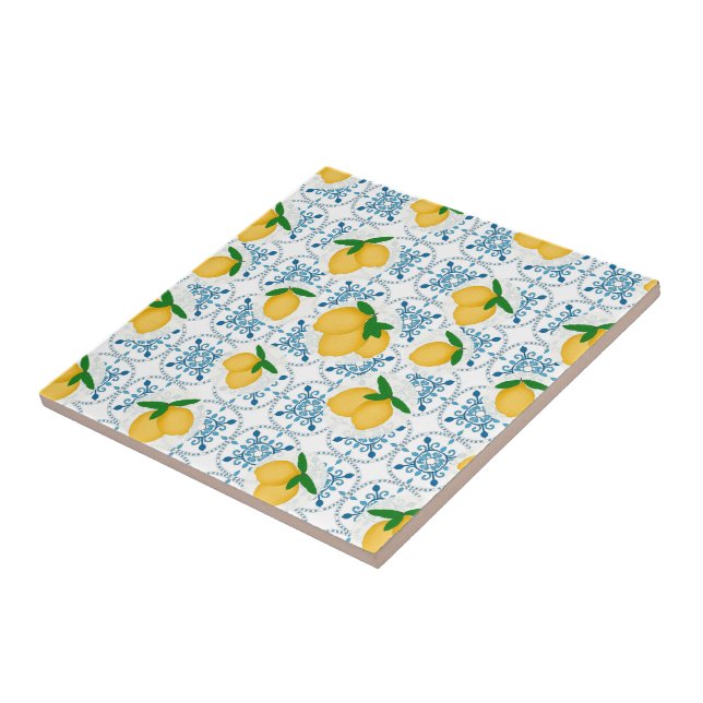 Azulejo French Country Lemon Blue Floral Tile Pattern (Lado)