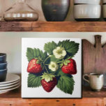 Azulejo Fresas de época<br><div class="desc">Fresas de aspecto delicioso con hojas verdes y flores blancas. Los atractivos gráficos vintage irradian toda la alegría y diversión de los veranos Se puede cambiar el color de fondo .( Personalizar/Editar/ fondo ) Diseño de Canva AI y Alma Wad ,  el diseñador humano .</div>