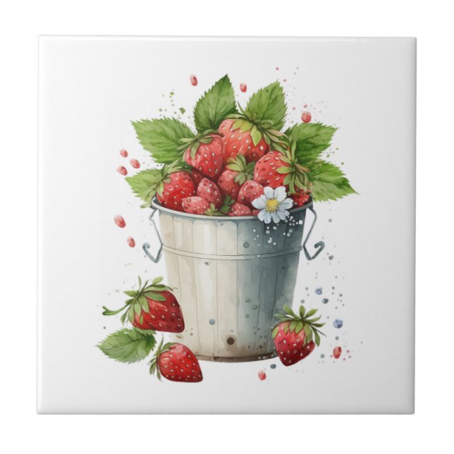 Azulejo Fresas frescas recolectadas en un cubo (Frente)