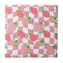 Azulejo Fresas Geniales Diseño a Cuadros Rosa Cocina