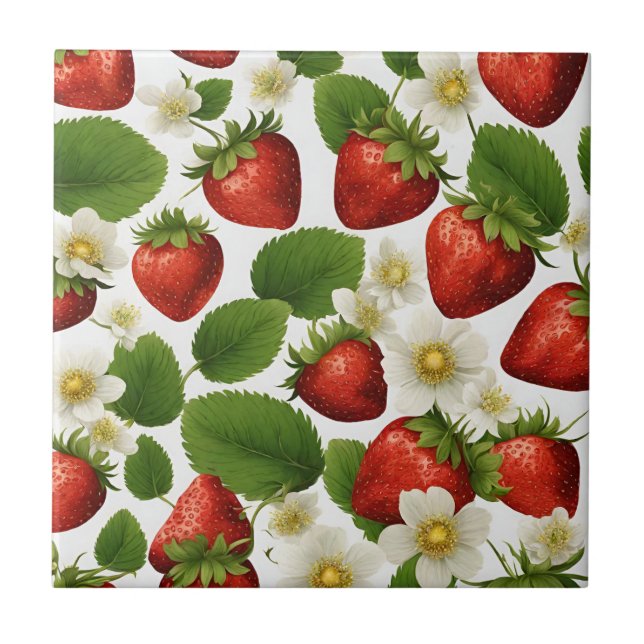 Azulejo Fresas, hojas y flores vibrantes (Frente)