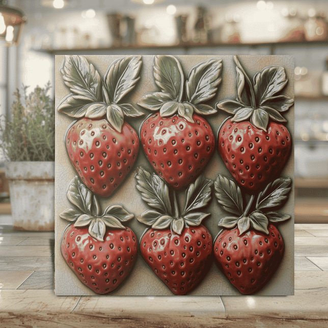 Azulejo Fresas Italianas Glaseadas en 3D Falso (Strawberry ceramic tile with faux 3D effect for Italian and country kitchen decor cottaage core)